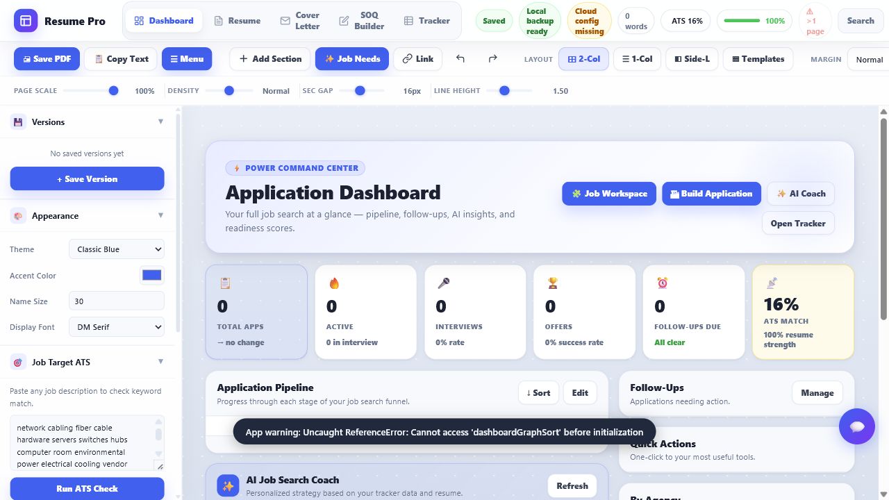 Resume Pro application dashboard showing resume, ATS, and application tracking tools